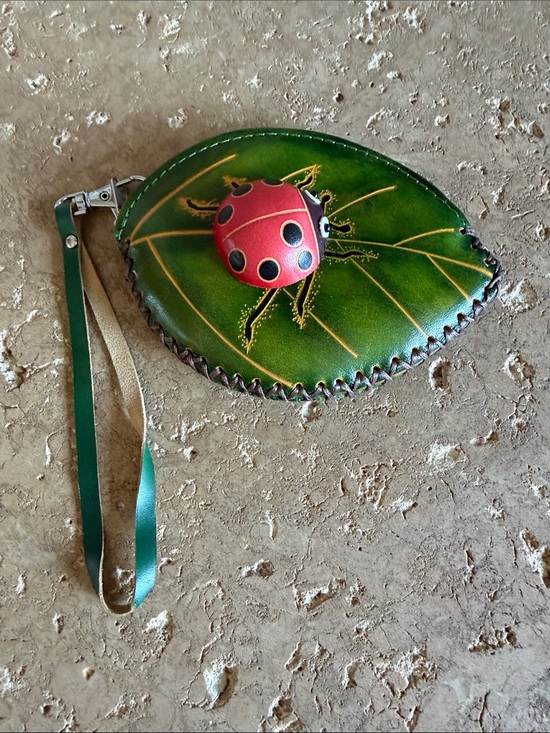 Handbags - Boho Vintage Green Leaf Wristlet Wallet with 3D Red Ladybug Accent Zip Closure